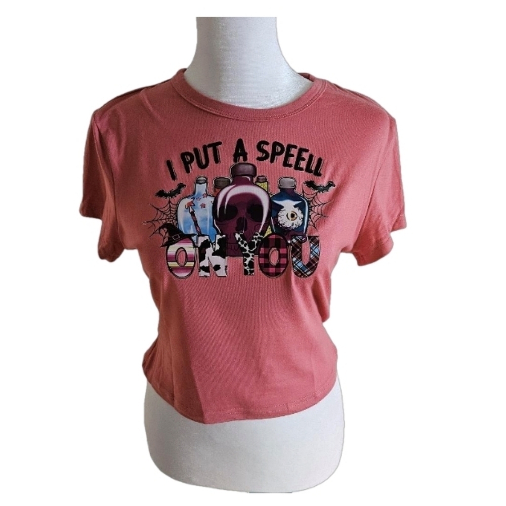 Upcycled Pink Coral Crop Top Graphic Tee Size Large - Picture 3 of 17